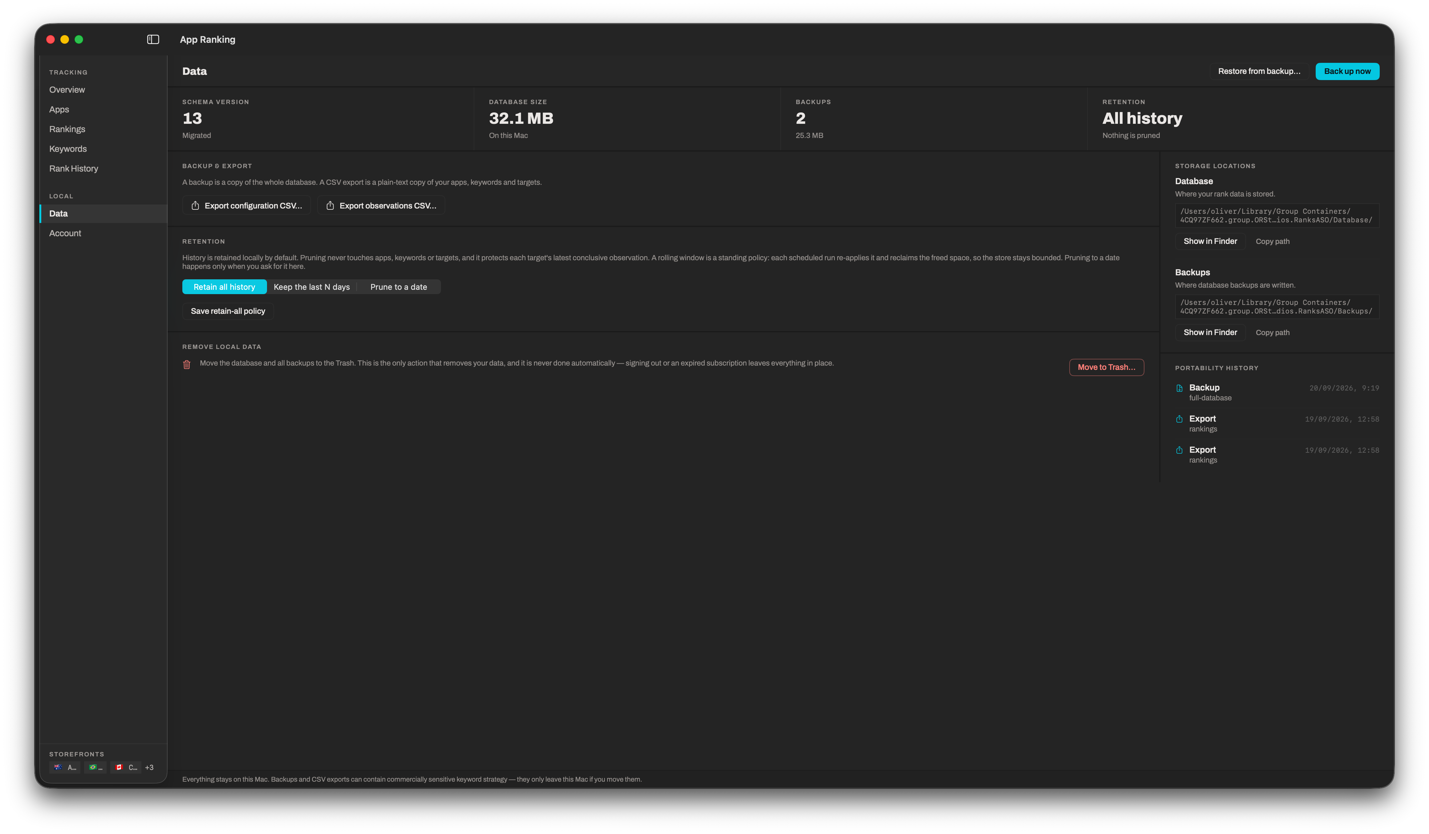 The Data screen in RankMast: schema version, database size, backup count and retention policy tiles; backup and CSV export actions; a retention control offering retain all history, keep the last N days or prune to a date; a remove-local-data row with Move to Trash; and a side panel showing the database and backup file paths with portability history